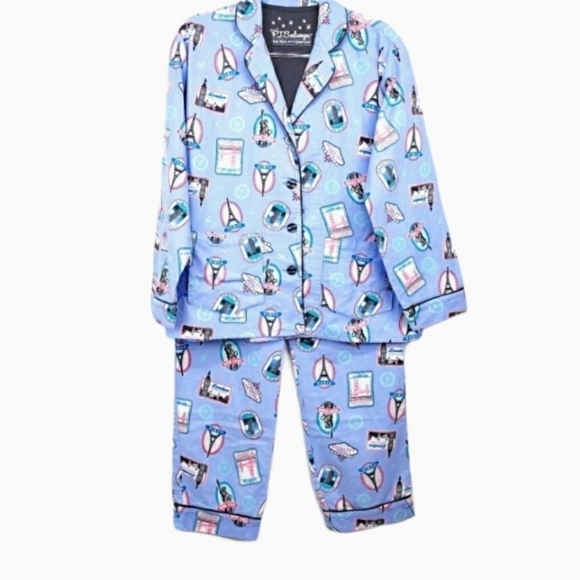 P.j. Salvage Blue Flannel Pajama Set Paris design Size Small - Picture 1 of 10